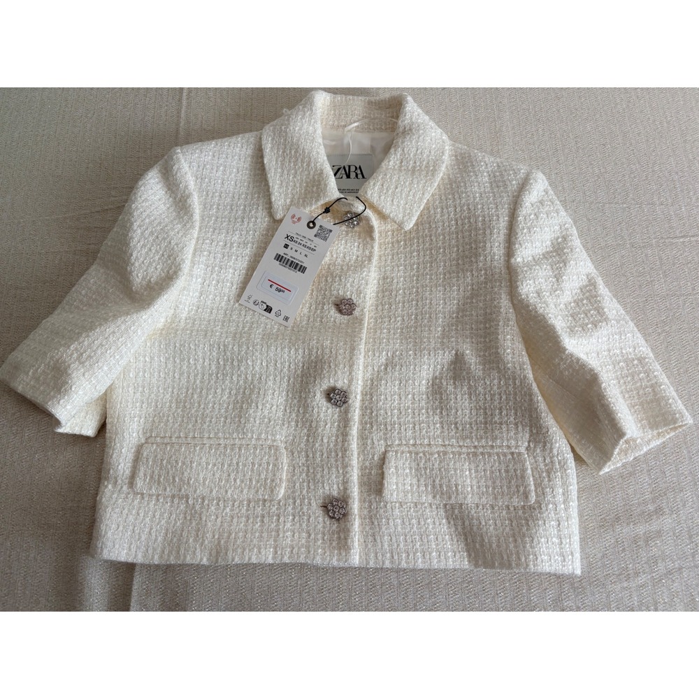 Zara Tweed Cropped Jacket XS‎ Cream White New Crystal Flower Button Short Sleeve - Picture 10 of 12